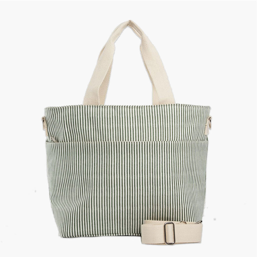 green striped cooler tote