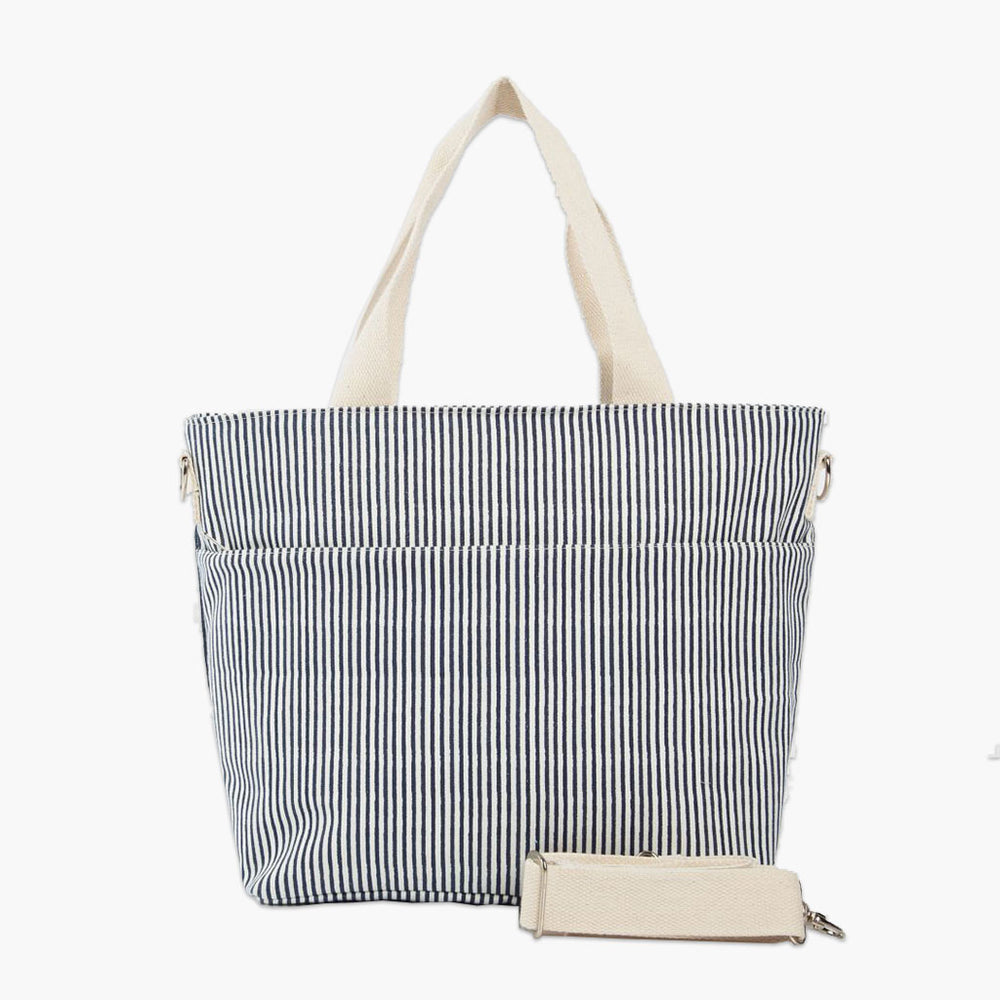 navy striped cooler tote