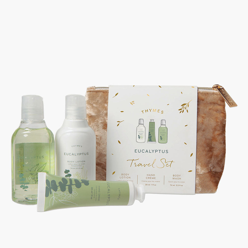 Eucalyptus hand cream, body wash, body lotion with cosmetic bag