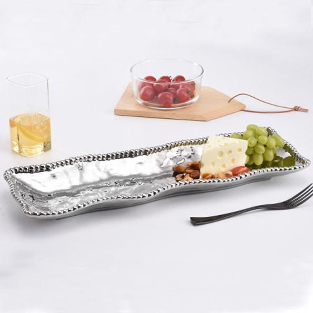 Rectangle Silver Large Serving Tray with Beaded Edge