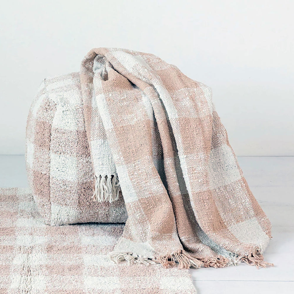 Hand Woven Cotton Throw with Fringe - Blush