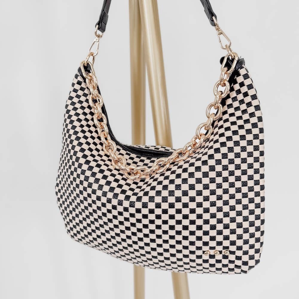 Slouchy Woven Shoulder Bag: Black Checkered