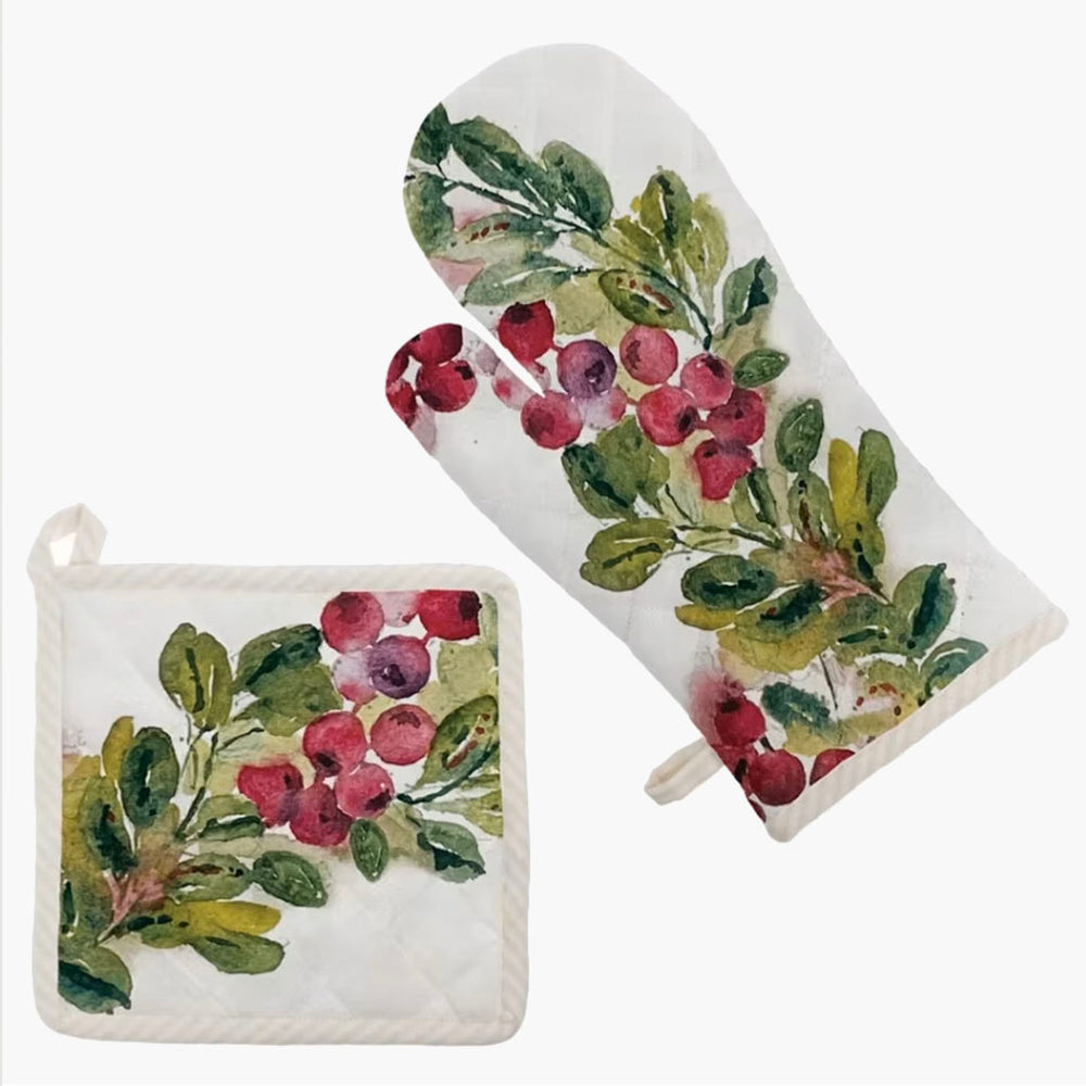 Cranberry Wreath Pot Holder & Oven Mitt Set