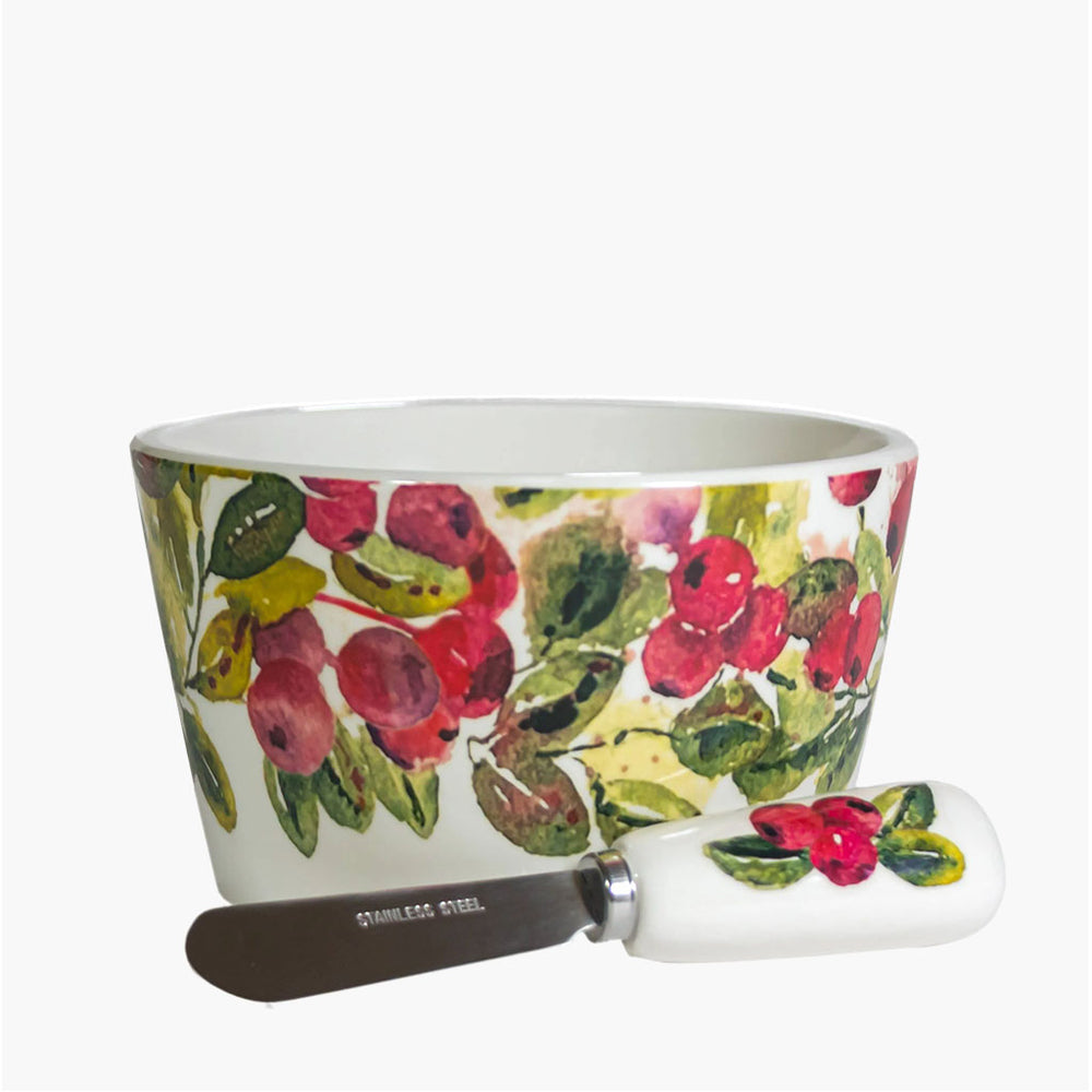 Cranberry Wreath Ceramic Bowl & Spreader
