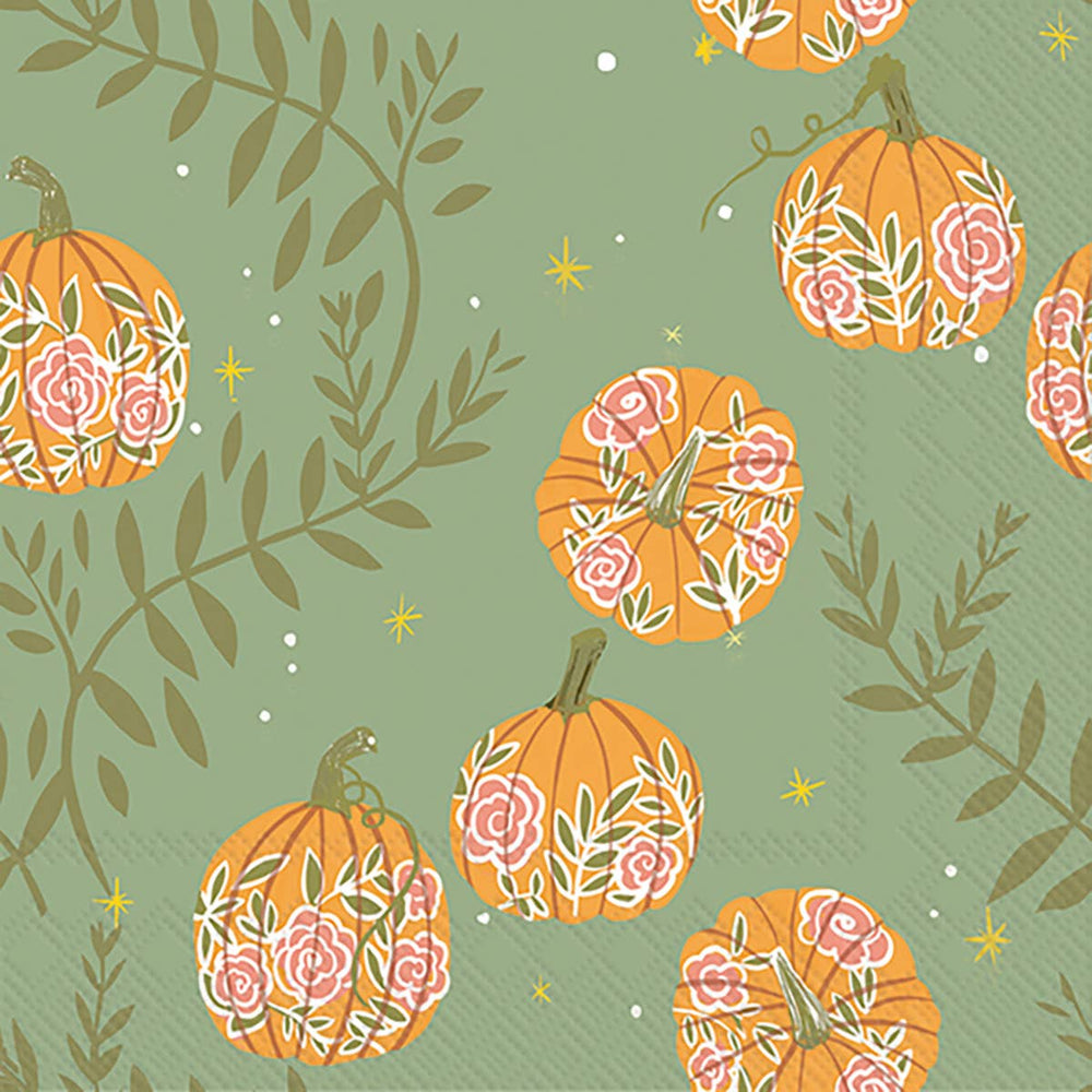 Pumpkins With Roses Green-Paper Cocktail Napkin Pack of 20