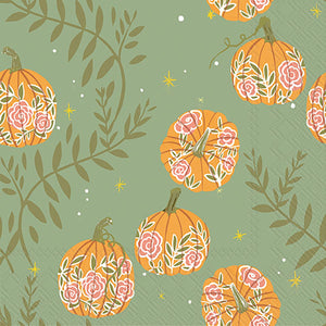 Pumpkins With Roses Green-Paper Cocktail Napkin Pack of 20