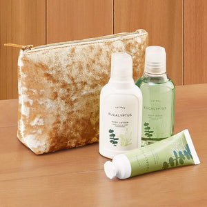 Eucalyptus hand cream, body wash, body lotion with cosmetic bag