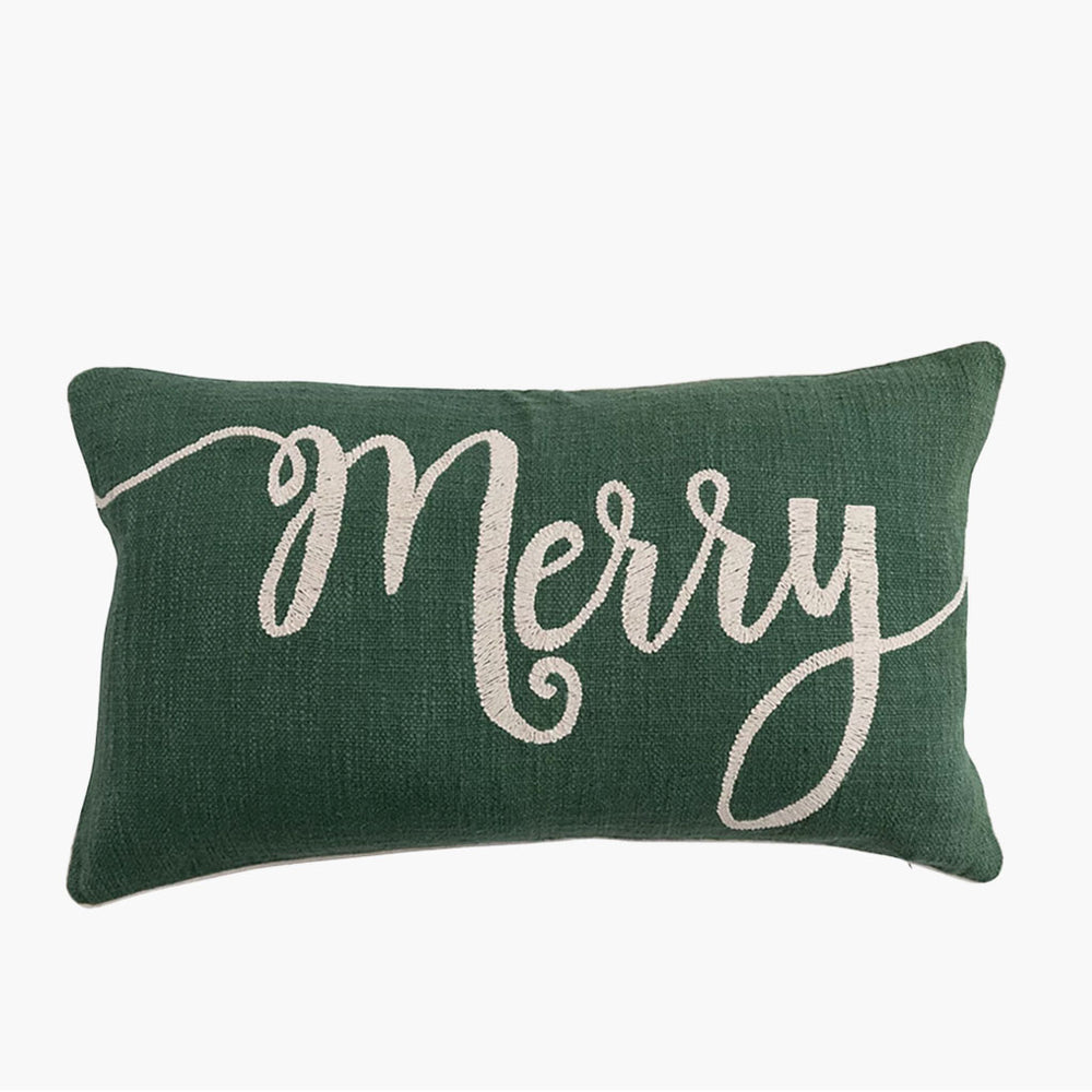 Merry Embroidered Lumbar Pillow - Green