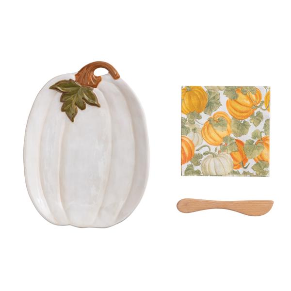 White Pumpkin Cheese Plate & Napkin Set