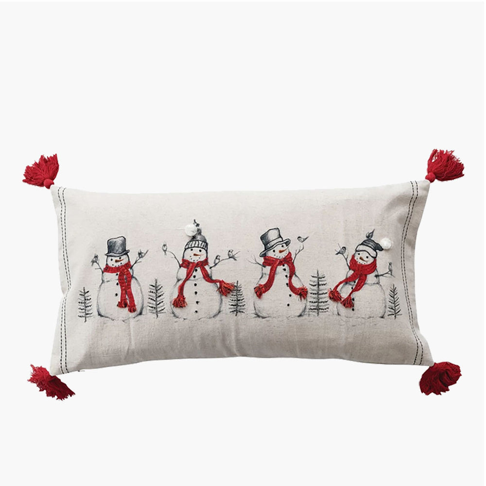 Lumber Pillow Embroidered with Snowmen & Birds