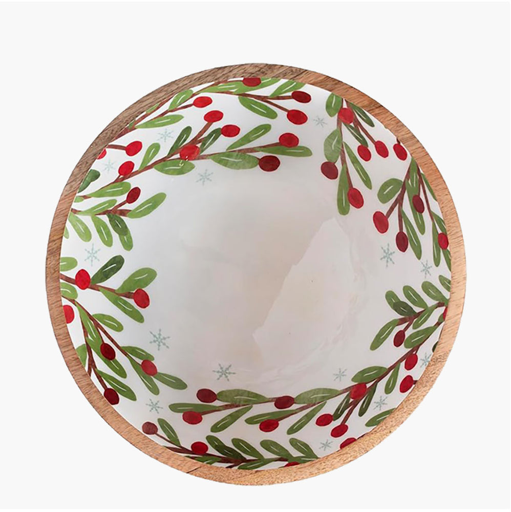 Winter Berry & Holly Mango Wood Bowl