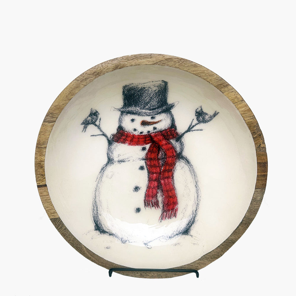 Enameled Wood Bowl with Snowman and Bird