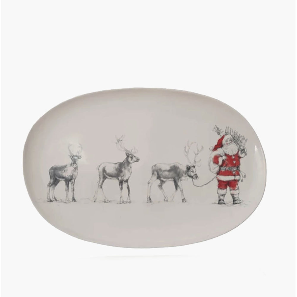 Santa Leading  Reindeer Platter - Oval