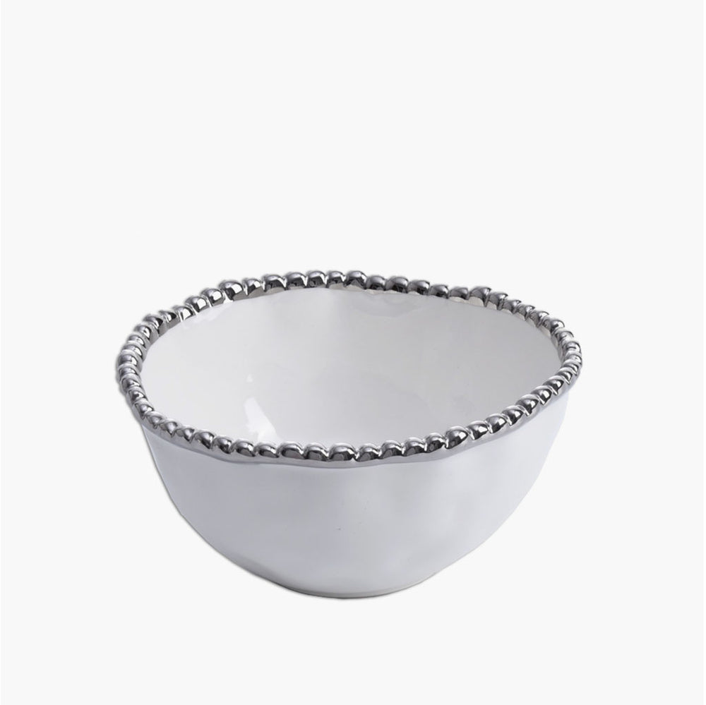 Small White Bowl with Silver Beading