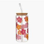 Glass Floral Tumbler with Straw