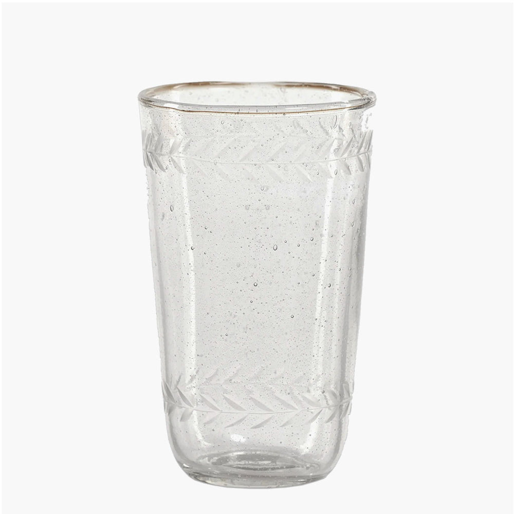 etched highball and drinking glass