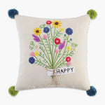 embroidered pillow, floral pillow, happy pillow